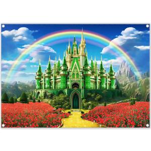 7x5ft Polyester Green Castle Backdrop Yellow Brick Road Rainbow Sky Photography Background Floral Banner Party Decorations Photo Props