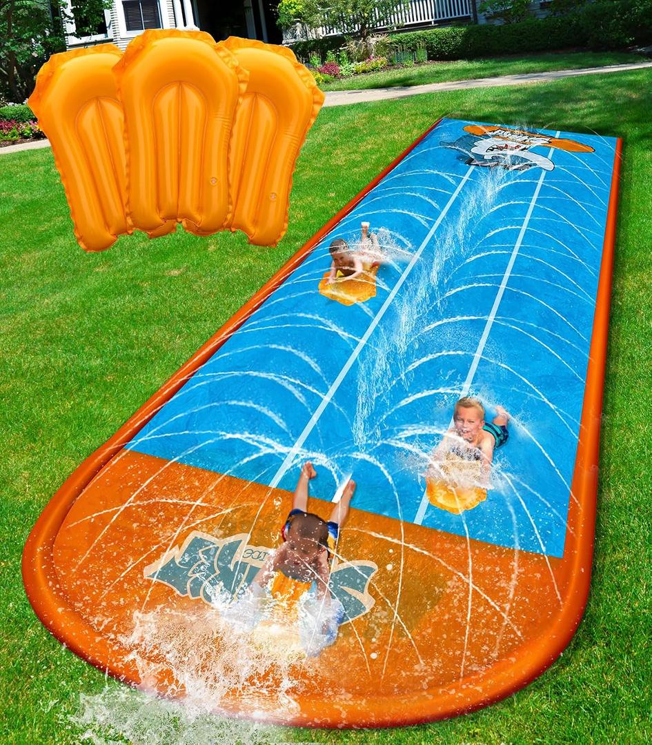 Spring Water Slip and Water Slide for Kids Backyard, 17ft*3 Racing Lanes Slip Water Slides with Sprinkler for Age 5-8 8-12, Summer Outdoor Water Toy with 3 Inflatable Bodyboards, 17ft-Triple Lane