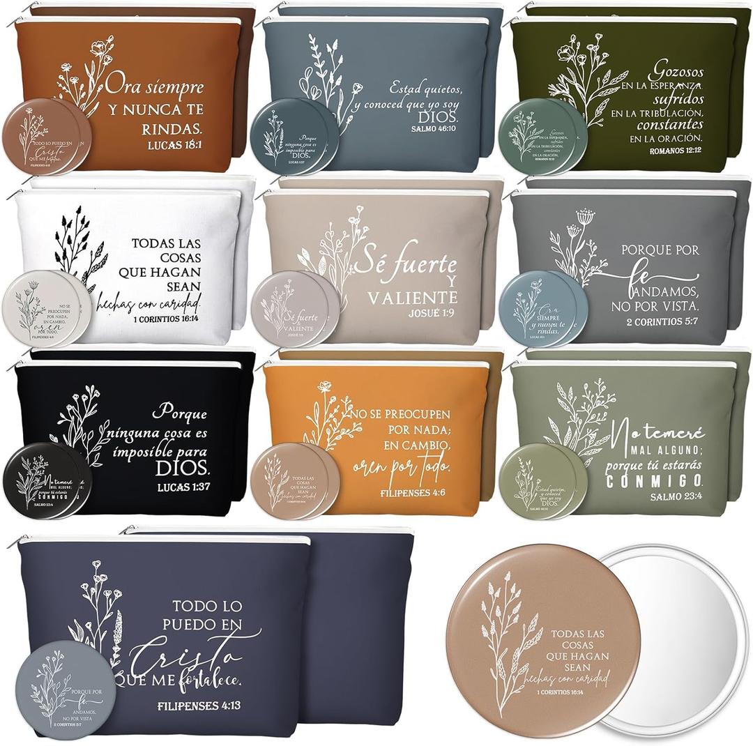Church Gifts Bulk Spanish Christian Gifts for Women Bible Verse Makeup Bags Religious Gift Regalos Cristianos Para Mujer Canvas Pouch Compact Mirrors(Boho Color,20 Sets)