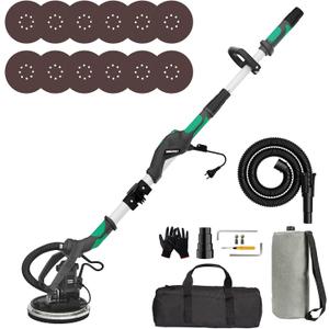 Drywall Sander with Vacuum Dust Collector(02/11/2025 Upgraded) 8-Amp Popcorn Ceiling Removal Tool with 7 Variable Speed 800-1800RPM, Extendable Handle, LED Light, 12pcs Sanding Discs, Red
