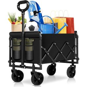 Collapsible Wagon Cart Foldable, Portable Heavy Duty Collapsible Beach Cart All Terrain with Large Capacity, Garden Wagons with Wheels for Shopping, Sports, CampingGardenGrocery (Black-1)