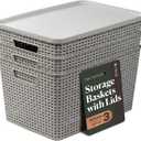 BINO | Plastic Storage Baskets with Lids, 22 Liter - 3 Pack, Natural Grey | THE WOVEN COLLECTION | Storage Basket for Shelves | Woven Storage Baskets for Organizing Bins | Pantry Shelf Organizer Bin