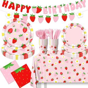 Strawberry Birthday Decorations Strawberry Party Plates and Napkins Berry First Birthday Party Supplies Includes Plates, Napkins, Cups, Cutlery, Banner, Tablecloth for Girls Birthday Decor
