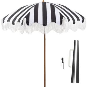 Rayjee 6.5FT Patio Umbrella with Fringe, UV Protection Beach Umbrella with Tilt & Adjustable Height, Includes Carry Bag & Ground Stake, Outdoor Umbrella for Pool, Garden, Backyard