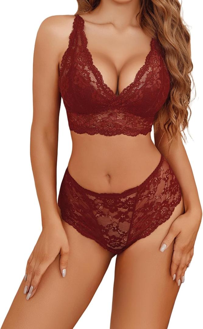 Avidlove Lingerie Set for Women Lace Bra and Panty Sets Sexy Underwear Bralettes Lingerie Outfits (Large, Wine Red)