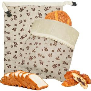 Reusable Beeswax Bread Bags(2ea), FDA Listed Plastic-Free Food Storage Bags, Zipper Closure, Flax Fabric, Moisture Proof, for Bread Toast Ciabatta (Brown Leaf)