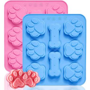 2 Pcs Silicone Puppy treat molds, Dog Paw and Bone Mold Ice Cube Mold, Jelly, Biscuits, Chocolate, Candy Baking Mold, Oven Microwave Freezer Dishwasher Safe-Pink & Blue (2)