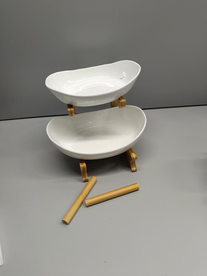 2 Tier Ceramic Fruit Bowl With Bamboo Wood Stand for Kitchen Counter,Porcelain Fruit Basket for Vegetable Storage,Snack Dessert Cake Tray Plate Rack for Party Wedding - White