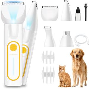 Dog Paw Trimmer, Low Noise Paw Hair Trimmer for Dogs with LED Light Wireless Pet Shaver, Suitable for Claws, Ears, Face, HIPS and Eyes(Orange) (White, 4-in-1)