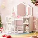 GarveeHome Kids Vanity with Lights Storage Cabinet & Touch Light Detachable Tri-Folding Mirror, 2 in 1 Toddler Vanity Table & Chair Set Wooden Girls Vanity Dress Table for Girls (White3)