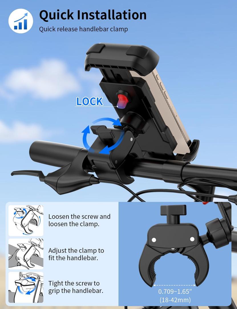 Bike Phone Holder, Motorcycle Phone Mount, [Camera Friendly] [Quick Install] [Double Locked]Clip for Scooter, 360 Rotate Cell Phone Clamp for iPhone 16 15 Pro Max/14/13, Galaxy and More 4.7-7" Phone (Black)