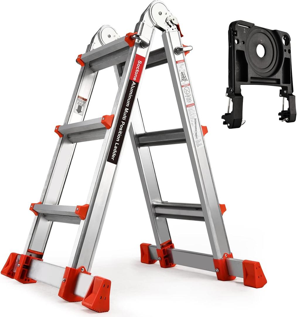 Soctone Ladder, A Frame 3 Step Ladder Extension Ladder, 11 Ft Multi Position Ladder & Removable Tool Tray with Stabilizer Bar, 330 lbs Weight Rating Telescoping Ladder for Household or Outdoor Work