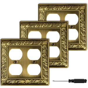 Antique Brass Decorative Wall Plate Light Switch Cover Decorator Outlet Covers Rocker Switch Plates Metal Material Wall Plates for Kitchen Bathroom (2 Gang Duplex-3 Pack)