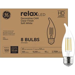 GE Relax LED Light Bulbs, 60W, Soft White Candle Lights, Decorative Bulbs, Medium Base (8 Pack)