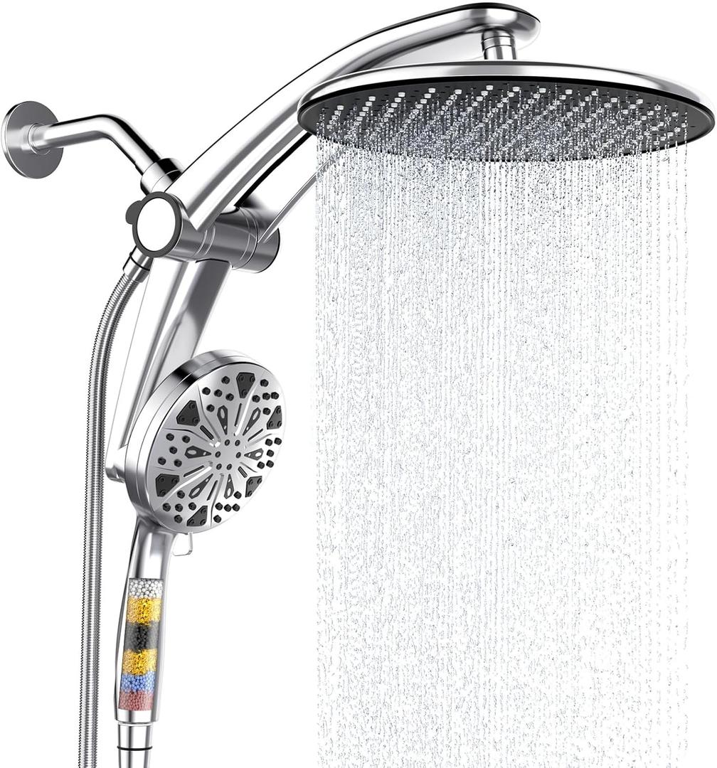 Shower Head with filtered Handheld High Pressure daul Shower Heads with Handheld Spray Combo and 10 Sprays Handheld Shower Head Detachable Shower head Built-in Magnetic Docking and Power Jets Chrome