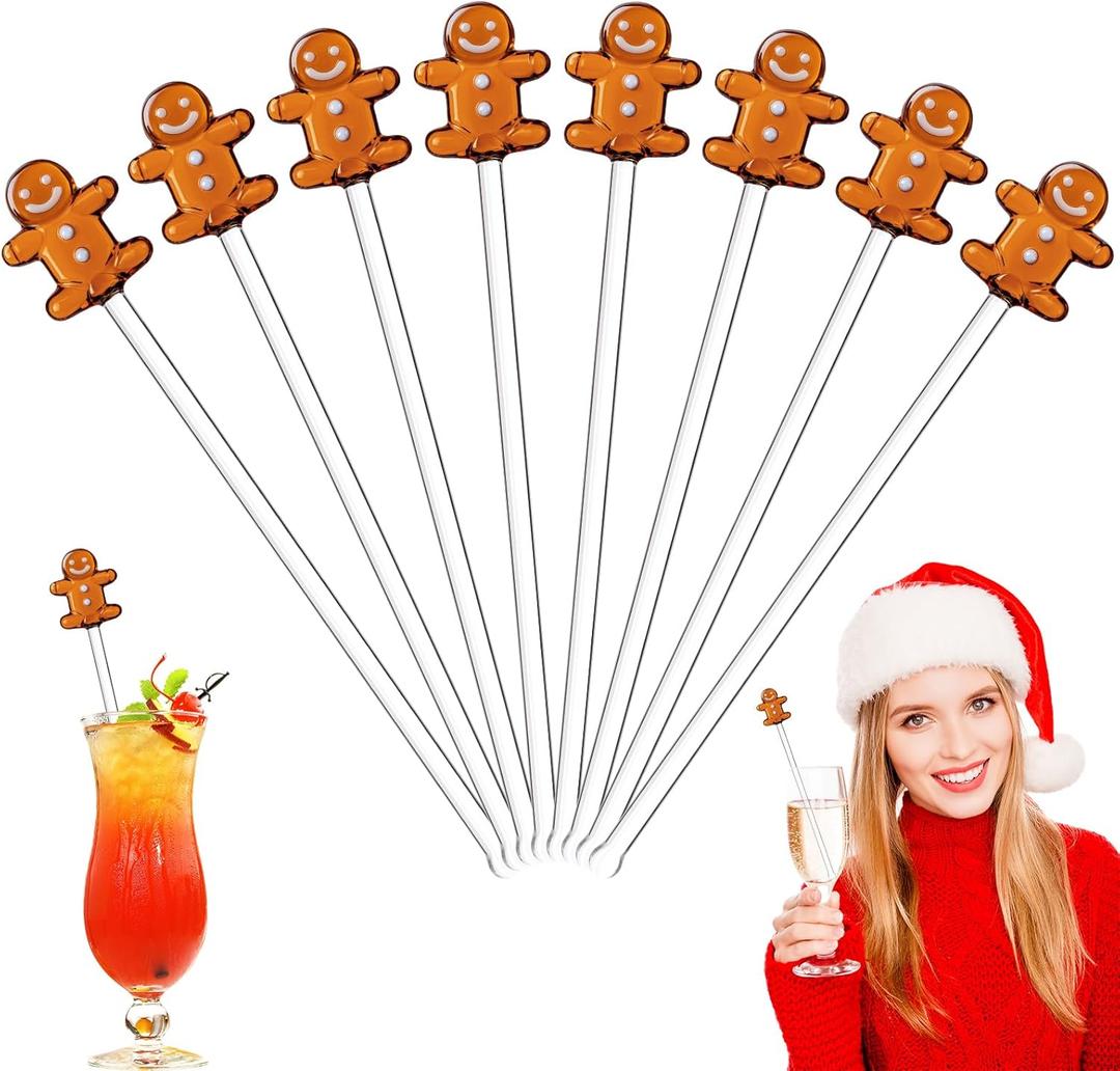 Pickmesh 8 Pcs Christmas Drink Stirrers Glass Gingerbread Man Cocktail Stirrers Reusable Stir Swizzle Sticks Hot Cocoa Bar Supplies Chocolate Decoration for Home Office Bar Restaurant