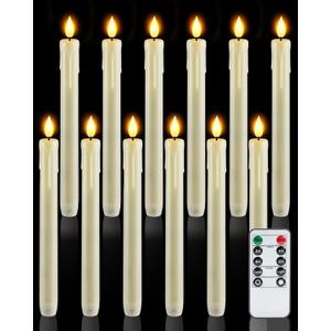 Homemory 12 Pcs Plastic Flameless Taper Candles with Remote Timer Dimmer, Ivory Led Candlesticks with Flickering Flame Light, Lifelike Taper Candles Battery Operated for Indoor Decoration 9.6 Inches