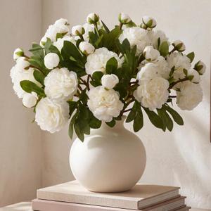 Geosar White 20 Pcs 40 Heads Artificial Peonies Flowers, White Faux Peony Florals Arrangement with Bendable Stems for Centerpieces, Wedding Bouquet, Home, Office, Party Decor