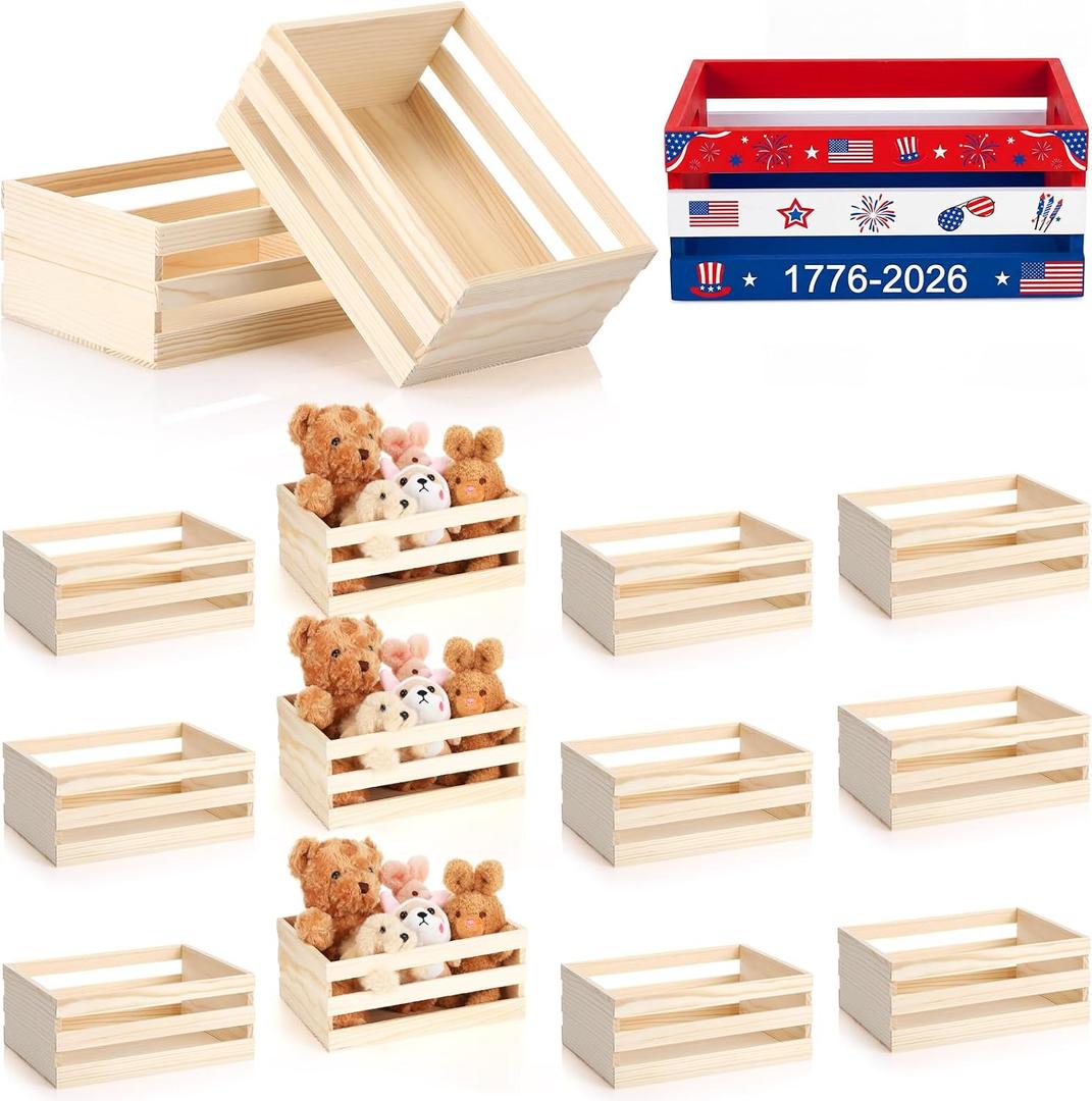 Cinnvoice 12 Pcs 9.5'' 250th Anniversary Small Wooden Crate for Storage 4th of July Unfinished Wood Crate Bulk Rustic Decorative Display Box Natural Bin Closet Organized for Kitchen Office Home