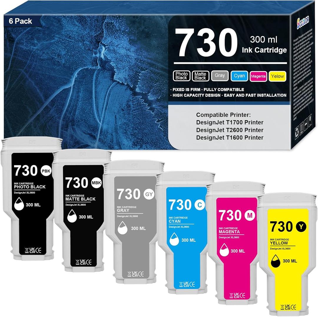 730 Ink Cartridges High-Capacity 300ML 6-Pack Replacement for HP 730 Ink Cartridge Works for DesignJet T1600 T1700 T2600 T1600dr T1700dr T2600d Printer,P2V68A P2V69A P2V70A P2V71A P2V72A P2V73A