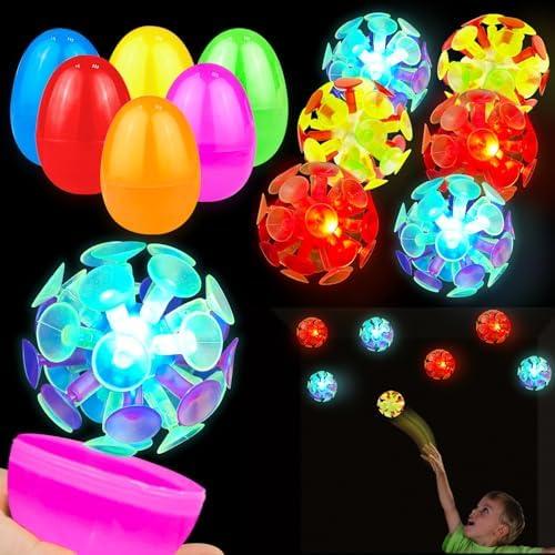 Easter Basket Stuffers for Kids, 6 Pack 3" Jumbo Filled Easter Eggs with Light Up Suction Cup Balls, Easter Eggs Filled Stress Relief Fidget Toys Tossing Stick Balls for Egg Hunt Party Favors Gifts