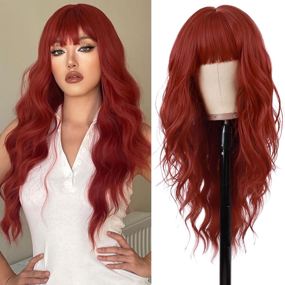 Red Wig With Bangs Long Red Culry Wavy Women's Wig Natural Looking Heat Resistant Bangs Wig for Daily Cosplay Halloween Party Use (Red,26 Inches)