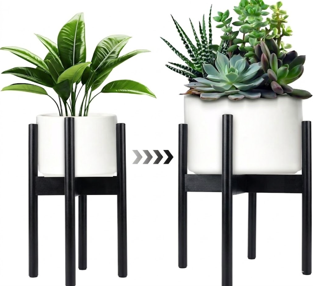 Indoor Plant Stand - Corner Bamboo Plant Stand for Small Spaces, Adjustable 8 to 12 Inches, Natural Floor Standing Pot Holder (Plant Not Included) (Black)