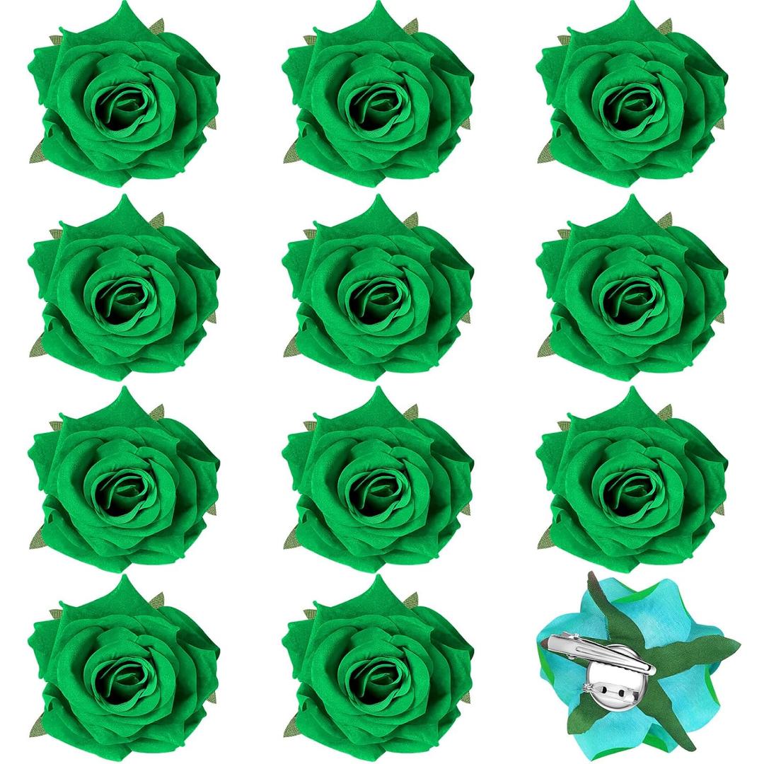 Yilloog 12 Pack Rose Hair Clip Flower 2.8'' Hairpin Floral Brooch Floral Hairclips Mexican Flowers Hairpin Party Supplies for Women Rose Hair Accessories Wedding Pack(Green)