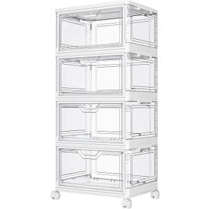 Clear Storage Bins with Lids,4 Tier Plastic Bins with Wheels,Stackable Storage Bin,Closet Organizers Box for Bedroom,Living Room,Toy,23 QT Folding Box with Magnetic door (White)