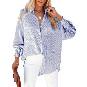 Women's Striped Oversized Button Down Shirt Wrinkle-Resistant Cotton Blend Blouse with Smocked Cuffs and Pocket (Blue, XXXL)