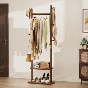 Taitiy Solid Wood Coat Rack, Freestanding Clothing Rack with 2 Shelves Storage & 5 Hooks, Heavy Duty Clothes Rack Stand for Hall, Bedroom, Living Room