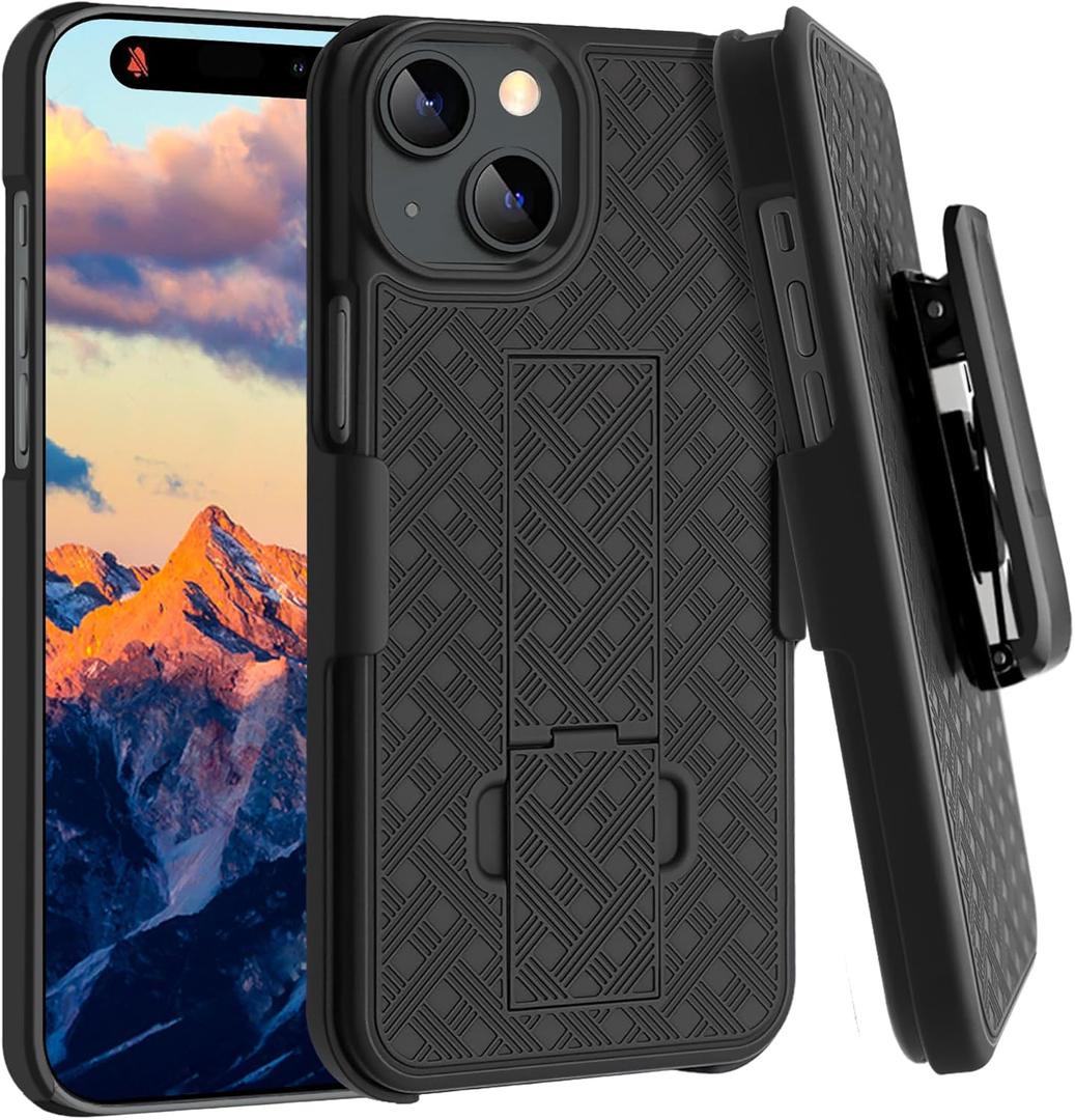 Fingic Case for iPhone 15 Case,iPhone 15 Belt Clip Holster Cases Slim Combo Shell with Kickstand Swivel Belt Clip Holster Rugged Shockproof Antiscratch Protective Cover for iPhone 1 5 6.1 inch(Black)