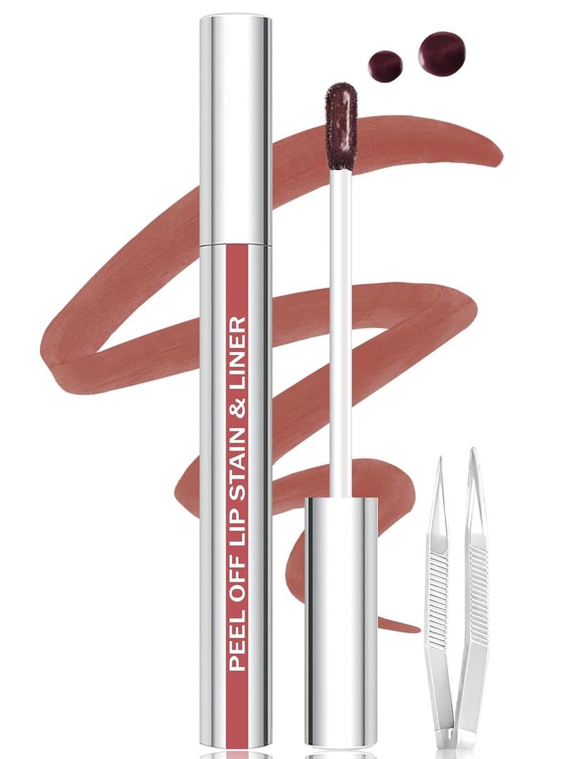 Lip Stain Peel Off Lip Liner Stain with Tweezer, Long Lasting Matte Lip Tint Tattoo, Highly Pigmented Color Lip Makeup, Waterproof Lipstick, Transfer-proof Lipstain for Women, Chestnut Brown