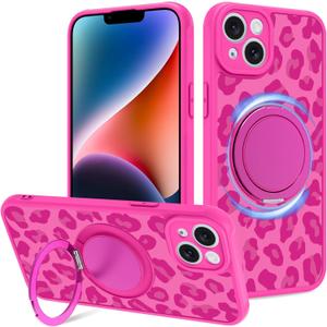 Fiyart Designed for iPhone 14 Plus Case Ring Holder Kickstand Magnetic Bumper Compatible with MagSafe Camera Lens Protection for Women Men Cheetah Print 6.7"-Rose Red