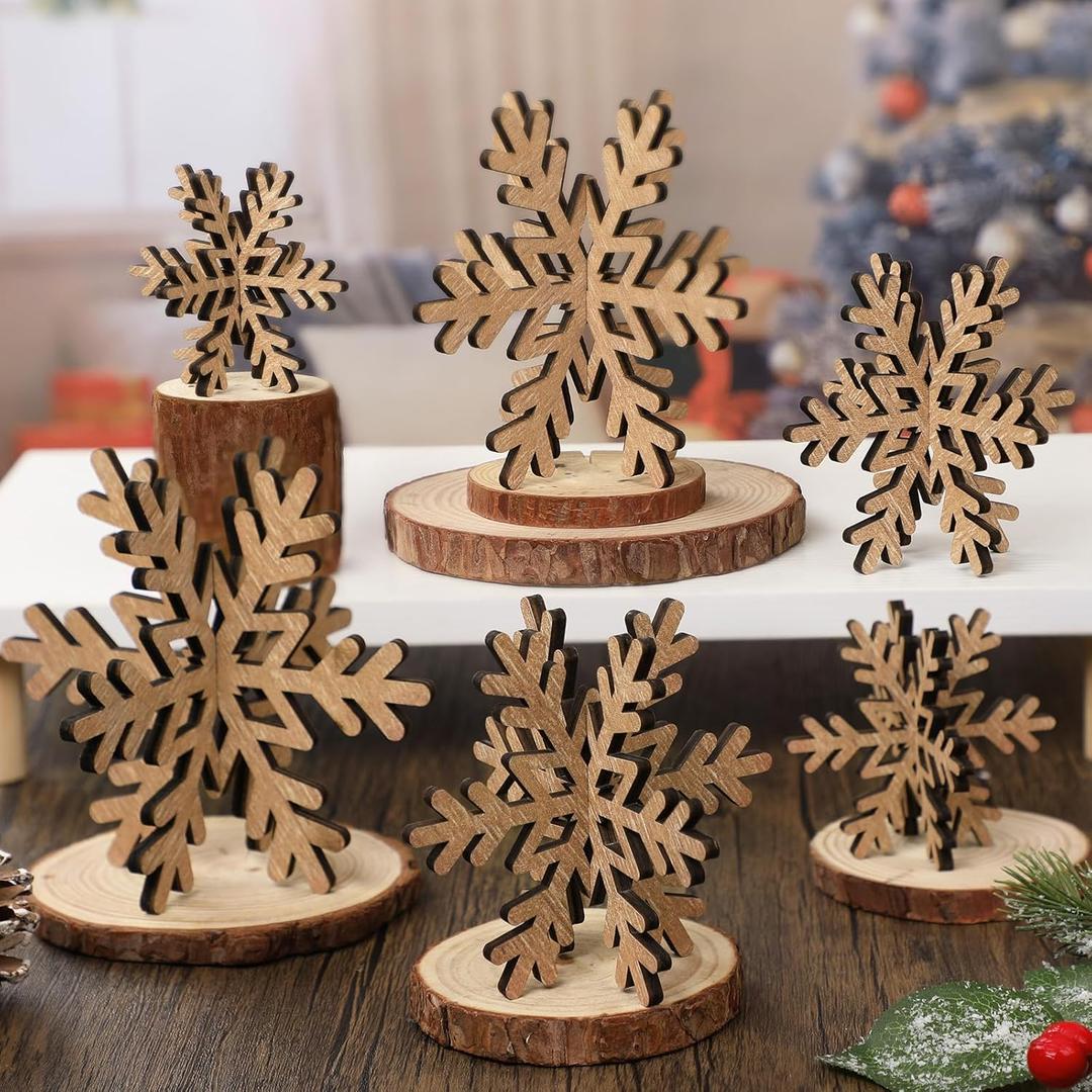 Bucherry 12 Pcs Wooden Snowflake Table Decor 3D Snowflake Tabletop Signs and Centerpiece for Christmas Winter Xmas Party Wonderland Decorations Home (Rustic Color)