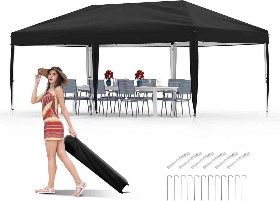 Garvee 10x20 Pop Up Canopy Tent Outdoor Canopy One-Person Set Up Heavy Duty Commercial Instant Tent Shelter, 0-Sidewall+Black