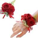 2PCS Rose Flower Wrist Corsage Boutonniere Set Handmade Artificial Corsage Set Bride Hand Flower Men Boutonniere for Wedding Party Prom Decorations (Red)