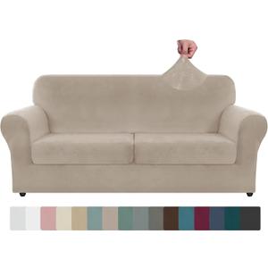 ZNSAYOTX Oversized Velvet 3 Piece Couch Cover with 2 Extra Large Seat Cushion Covers Stretch Sofa Cover for 2 Cushion Couch Thick Loveseat Sofa Slipcover for Living Room (Khaki), 72"-92"(2 Cushions)