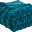 Madison Park Ruched Faux Fur Luxury Throw Teal 50*60 Premium Soft Cozy Brushed Long Faux Fur For Bed, Coach or Sofa