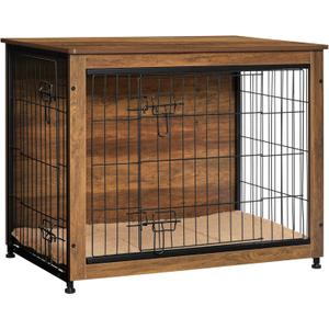 DWANTON Dog Crate Furniture with Cushion, Wooden Kennel Table with Double Doors, Indoor Dog House, Medium Size, 32.5" L, Warm Brown
