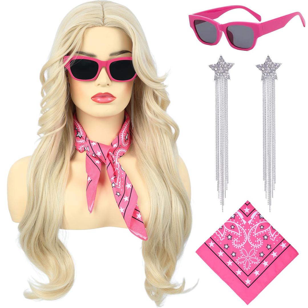 Bettecos Long Blonde Cosplay Wig for Women with Bandana Sunglasses and Earrings Middle Part Blond Wavy Synthetic Hair Wigs for Womens Costume Halloween Party Daily Wear