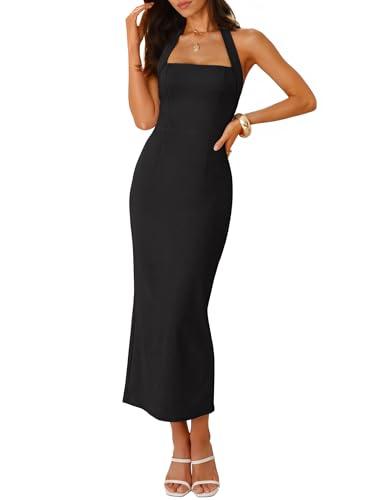 ZESICA Women's 2026 Summer Sleeveless Midi Dress Halter Neck Backless Wedding Guest Cocktail Party Bodycon Long Dresses Black Small