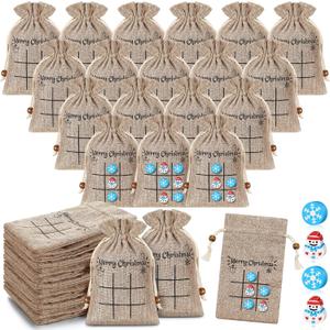 Windyun 100 Set Christmas Tic Tac Toe Game Bulk Xmas Board Game 3.94 x 5.91 Burlap Drawstring Bag Gifts for Games Party(Snowman)