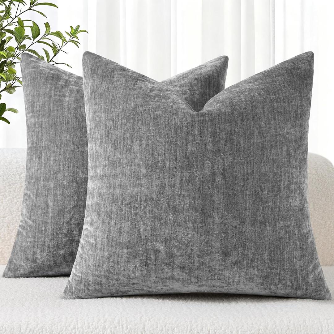 ВecorUhome Chenille Dark Grey Throw Pillow Covers 16x16 Inch Set of 2, Decorative Soft Couch Pillow Covers Solid Dyed Accent Velvet Farmhouse Neutral Square Pillow Cases for Sofa Bed Living Room