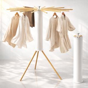 Heavy-Duty Wooden Tripod Clothes Drying Rack, 16 Rods, Large Capacity, 360 Airflow Umbrella Dryer, Foldable Space-Saving Floor Stand for Indoor Outdoor Use