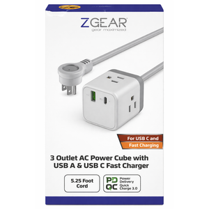 ZGear Power Cube, 3 outlet AC power cube with USB A & USB C fast charger
