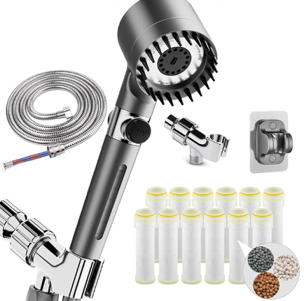 HOTIMO Filtered Shower Head with Handheld  High Pressure 3 Spray Modes Showerhead with Filters, 12 Replaceable Water Softener Filters for Hard Water | Ion Shower Drops Head with 75" AntiBurst Hose