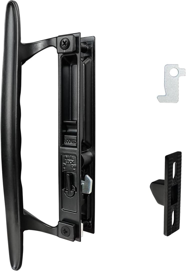 Sliding Flush Mount Patio Glass Door Handle Set, 6-5/8" H.C., Non-Keyed Black Door Lock Replacement Handle, Fits 1" to 1-1/8" Thick Doors