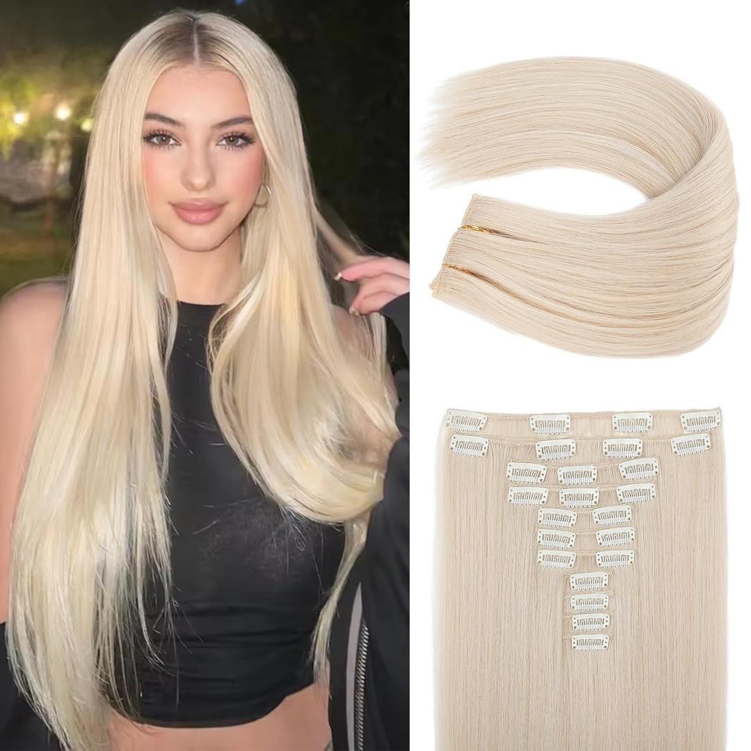 REECHO Hair Extensions, 11PCS Clip in Hair Extensions 24" Long Straight hair extensions HE005 Natural Soft Synthetic Hairpieces for Women  Light Blonde