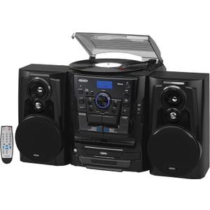 JENSEN Bluetooth 3 Speed Stereo Turntable 3 CD Changer Music System with Dual Cassette Deck, Pitch Control and Remote Control